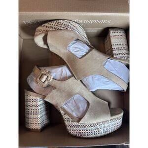 LifeStride Taupe Microfiber Platform Block Heel Open Toe Buckle Woven 6.5